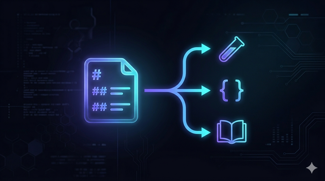 Spec-First Concept — a Markdown spec transforming into tests, code, and documentation